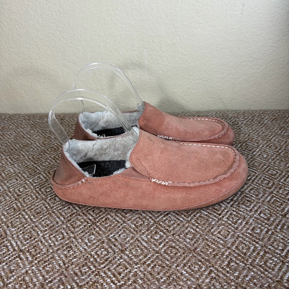 OluKai Nohea Womes Brown Nubuck Shearling Slip On Flats Comfort US 7 Lounge Cozy